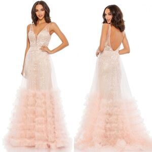 Mac Duggal 11183 Lace Ruffle Tiered Plunge Neck Gown Dress